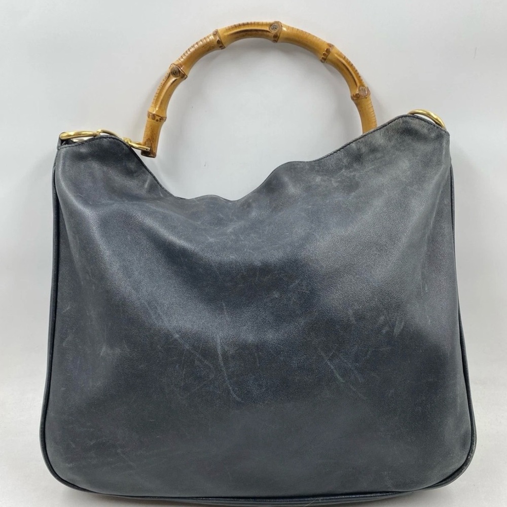 Gucci Black Leather Shoulder Bag with Bamboo Handle